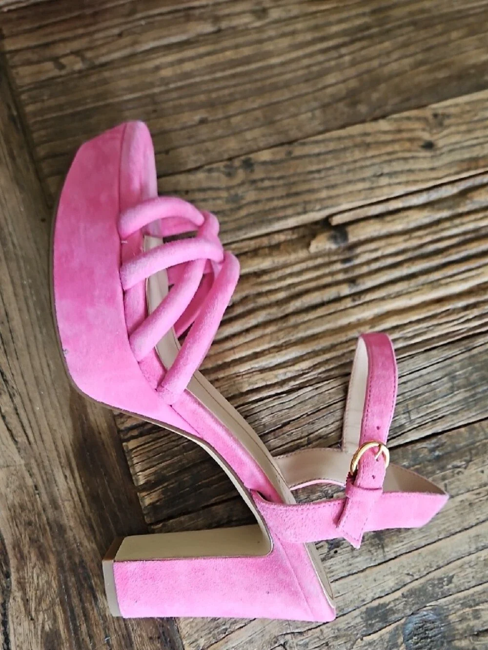 Cole Haan Pink Strappy Suede Block Heel Sandals